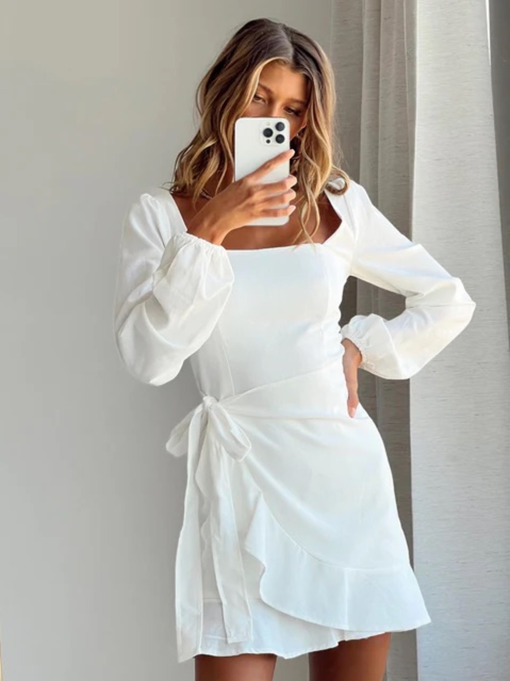 Princess Polly Villa Mini Dress with Long Puff Sleeves